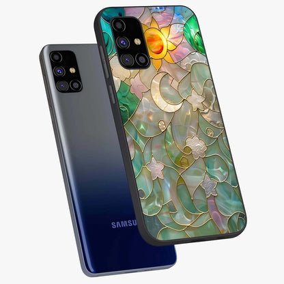 Stained Sunrise Glow Glass Case displayed in angled mockup highlighting radiant sunrise design with artistic aesthetic style.