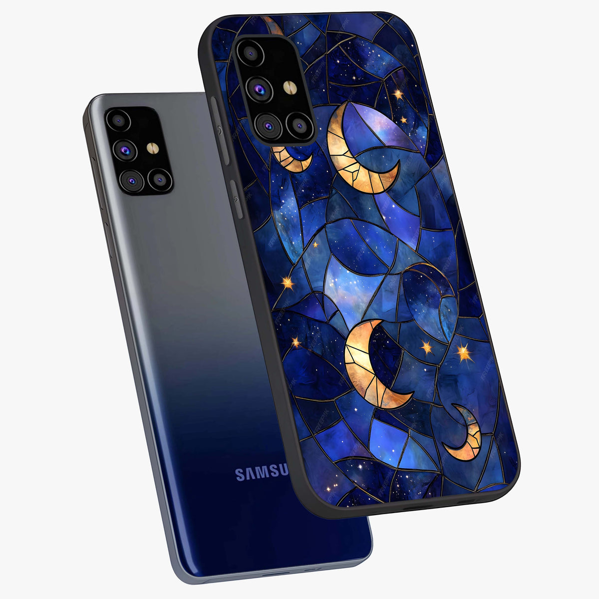 Starlit Sky Tapestry Glass Case displayed in angled mockup highlighting celestial night pattern with artistic aesthetic style.