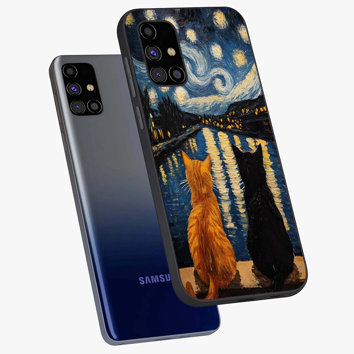 Starry River Cats Glass Case displayed in angled mockup highlighting charming feline illustration with dreamy night aesthetic.
