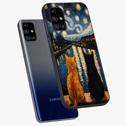 Starry River Cats Glass Case displayed in angled mockup highlighting charming feline illustration with dreamy night aesthetic.