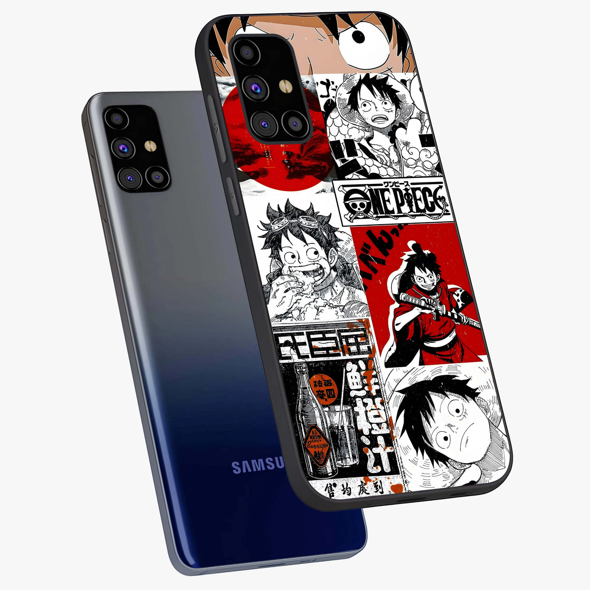 Strawhat Chaos Panels Glass Case displayed in angled mockup highlighting vibrant anime collage design with action aesthetic.