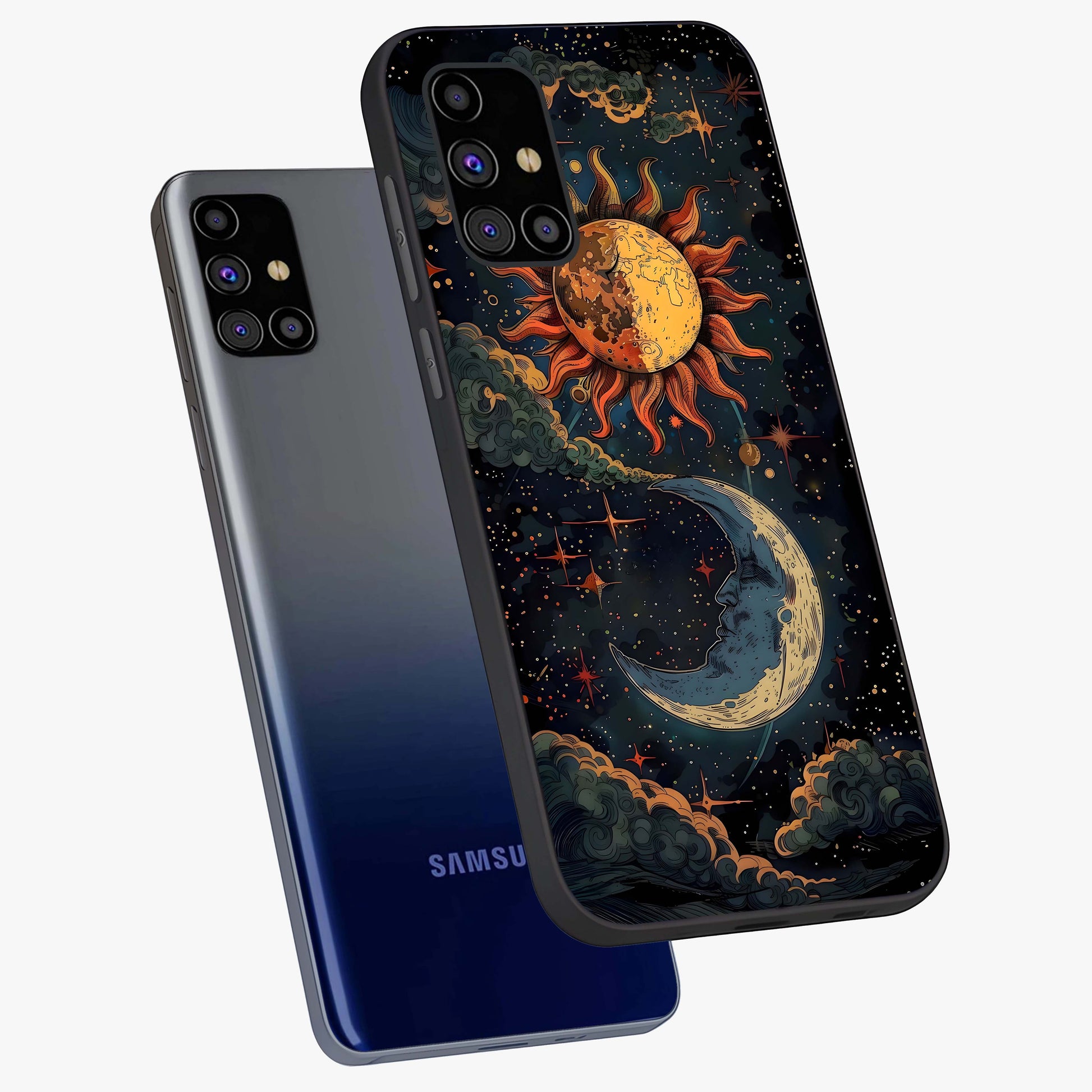 Sun And Moon Magic Design Glass Case displayed in angled mockup highlighting celestial design with magical cosmic aesthetic.