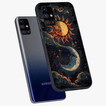 Sun And Moon Magic Design Glass Case displayed in angled mockup highlighting celestial design with magical cosmic aesthetic.
