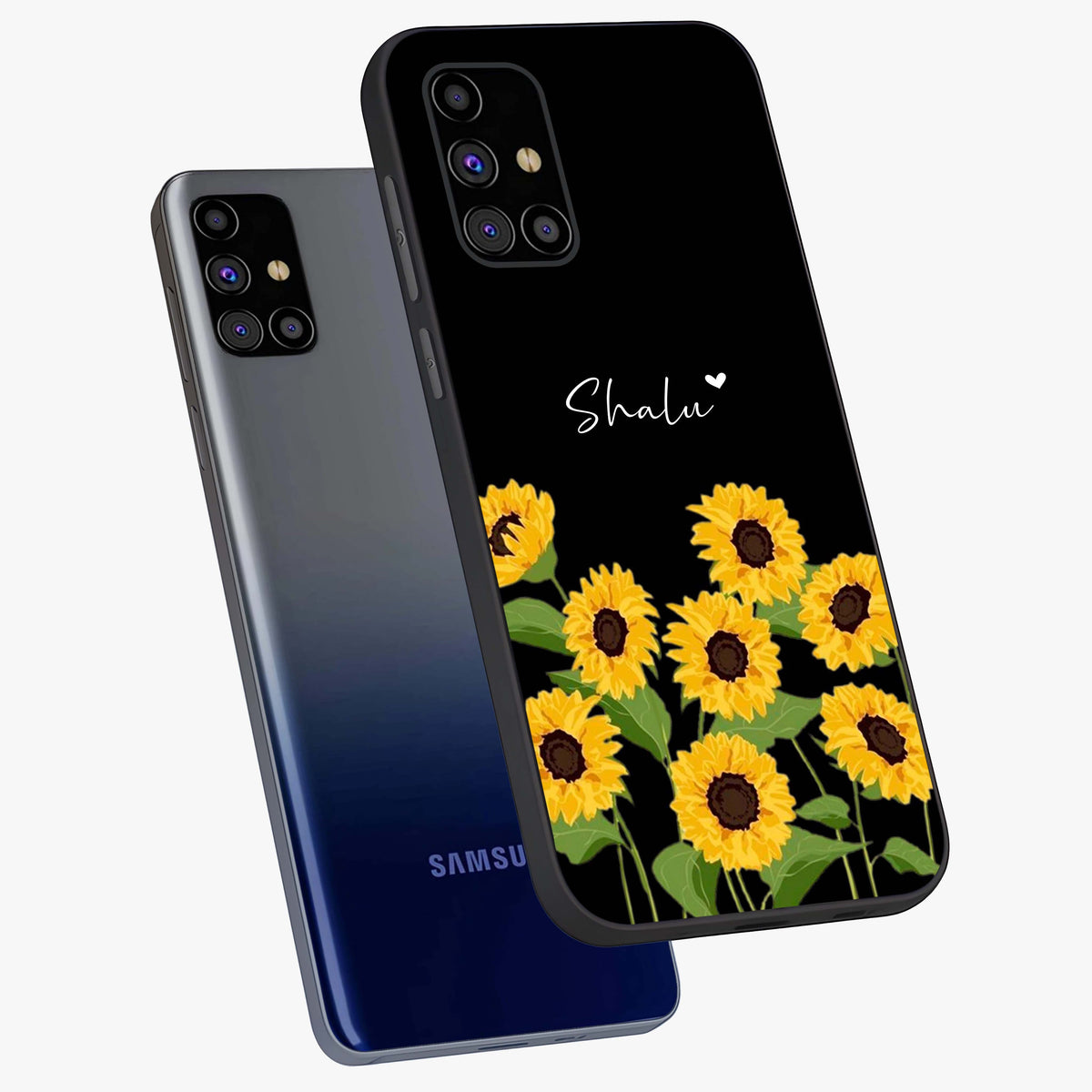 Sunflower Chic Mood Custom Name Glass Case displayed in angled mockup highlighting vibrant sunflower design with custom name feature.