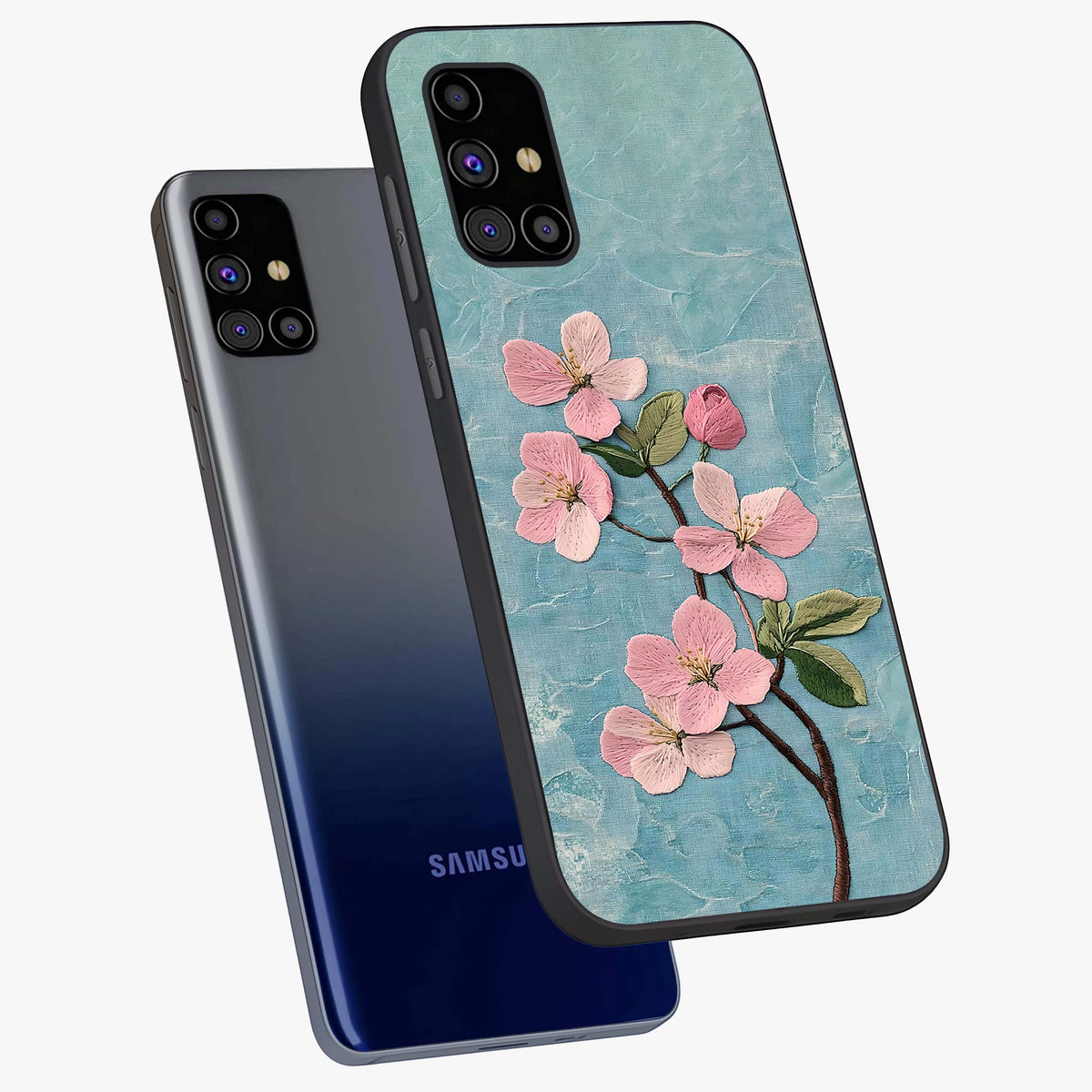 Threaded Blossom Breeze Glass Case displayed in angled mockup highlighting elegant floral design with soft aesthetic style.