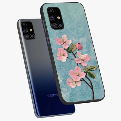 Threaded Blossom Breeze Glass Case displayed in angled mockup highlighting elegant floral design with soft aesthetic style.
