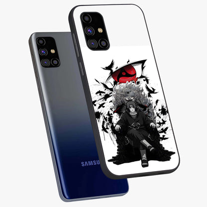 Uchiha Shadow Throne Glass Case displayed in angled mockup highlighting glowing aquatic design with celestial aesthetic.