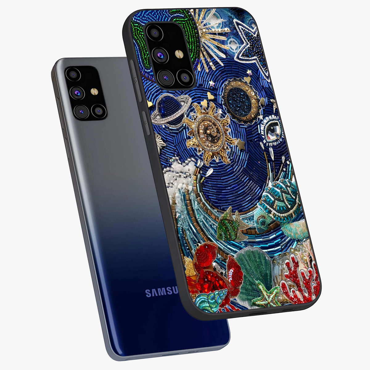 Universe Underwater Spark Glass Case displayed in angled mockup highlighting glowing aquatic design with celestial aesthetic.