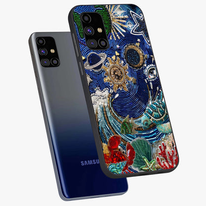 Universe Underwater Spark Glass Case displayed in angled mockup highlighting glowing aquatic design with celestial aesthetic.