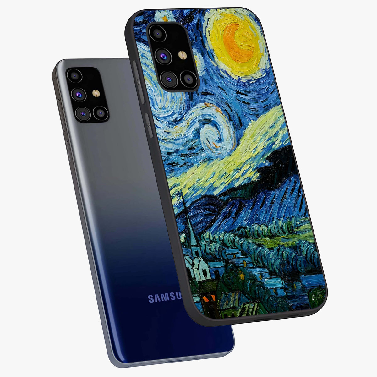 Van Gogh Art Glass Case displayed in angled mockup highlighting swirling brushstroke design with artistic aesthetic.