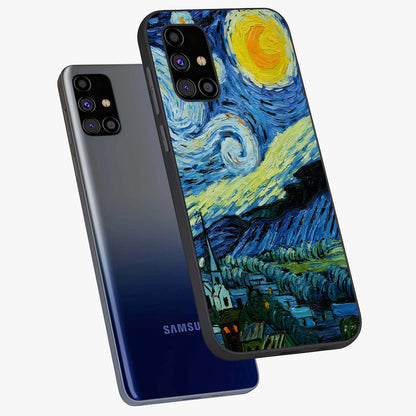 Van Gogh Art Glass Case displayed in angled mockup highlighting swirling brushstroke design with artistic aesthetic.