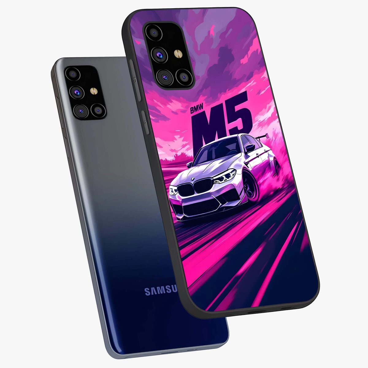 Velocity Drift Pulse Glass Case displayed in angled mockup highlighting dynamic drift design with sporty automotive aesthetic.