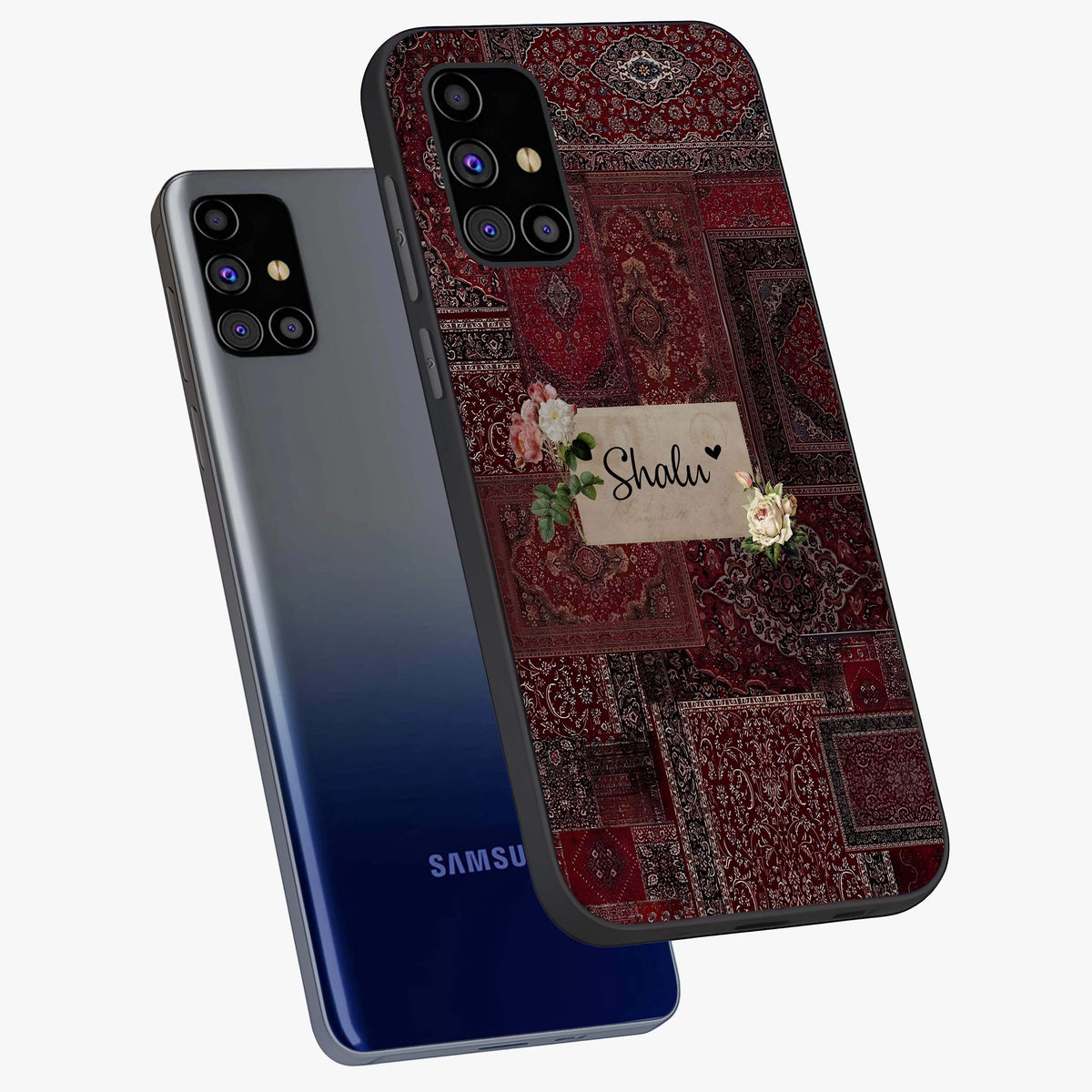 Velvet Wine Pattern Custom Name Glass Case displayed in angled mockup highlighting decorative velvet inspired design with custom name feature.
