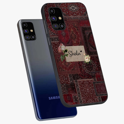 Velvet Wine Pattern Custom Name Glass Case displayed in angled mockup highlighting decorative velvet inspired design with custom name feature.