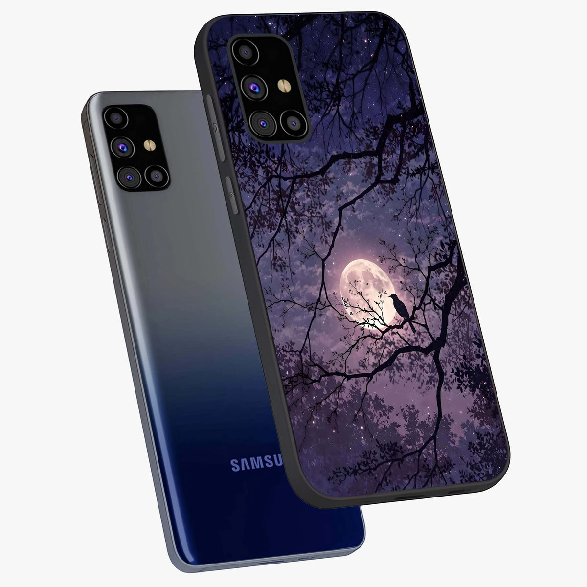 Whispering Moon Silence Glass Case displayed in angled mockup highlighting calm lunar design with dreamy night aesthetic.