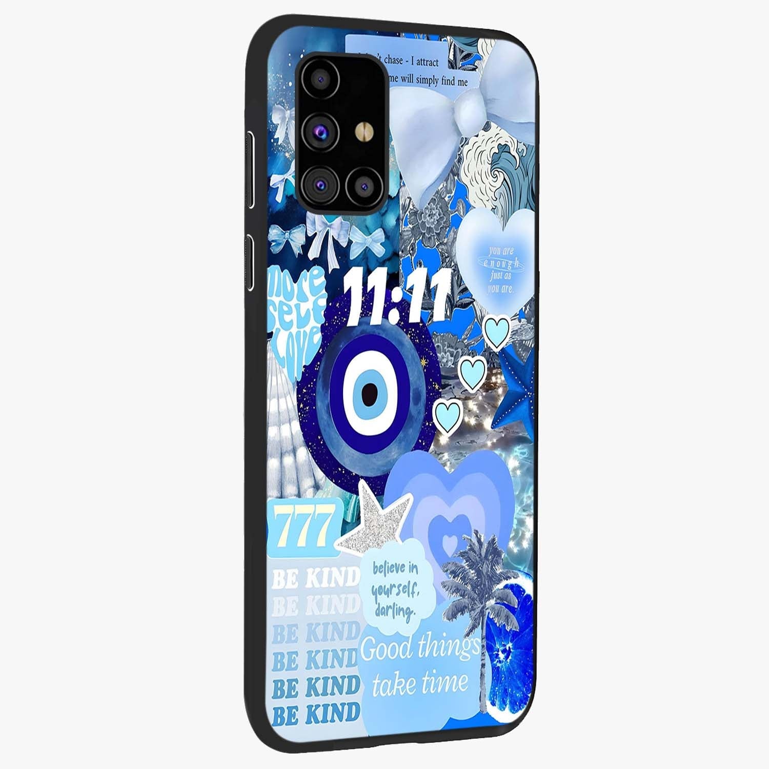 Aesthetic Be Kind Eye Glass Case upright view showcasing stylish eye illustration with positive message theme.