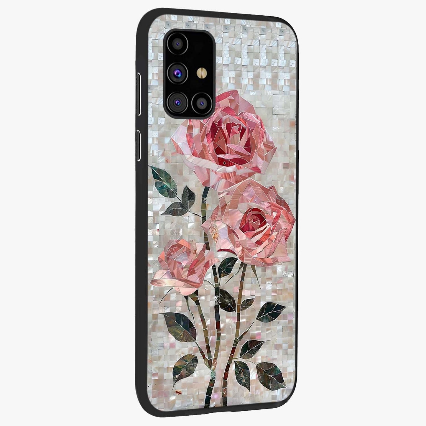Blush Mosaic Bloom Glass Case upright view showcasing decorative floral mosaic artwork with stylish modern aesthetic.