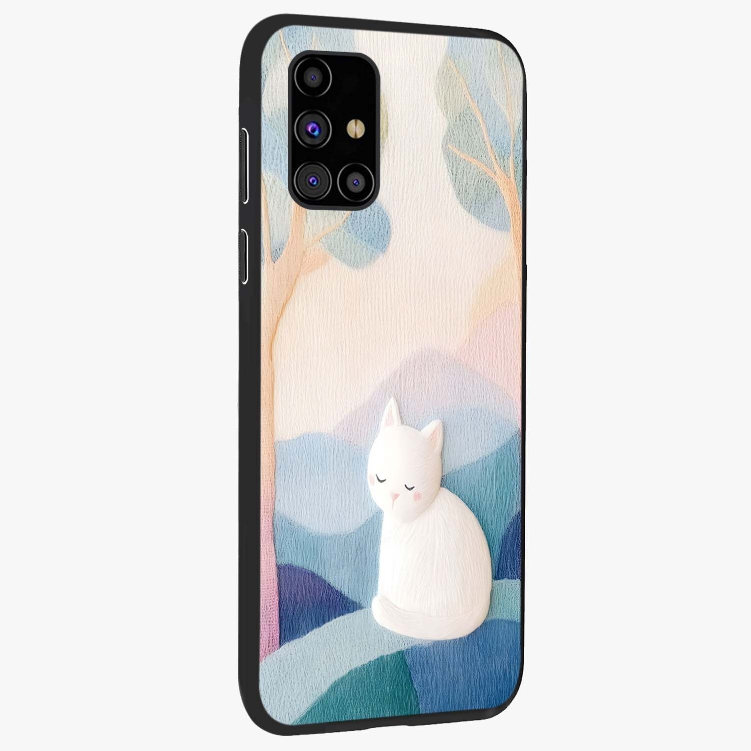 Cotton Dream Cat Glass Case upright view showcasing charming cat artwork with cozy dreamy theme.