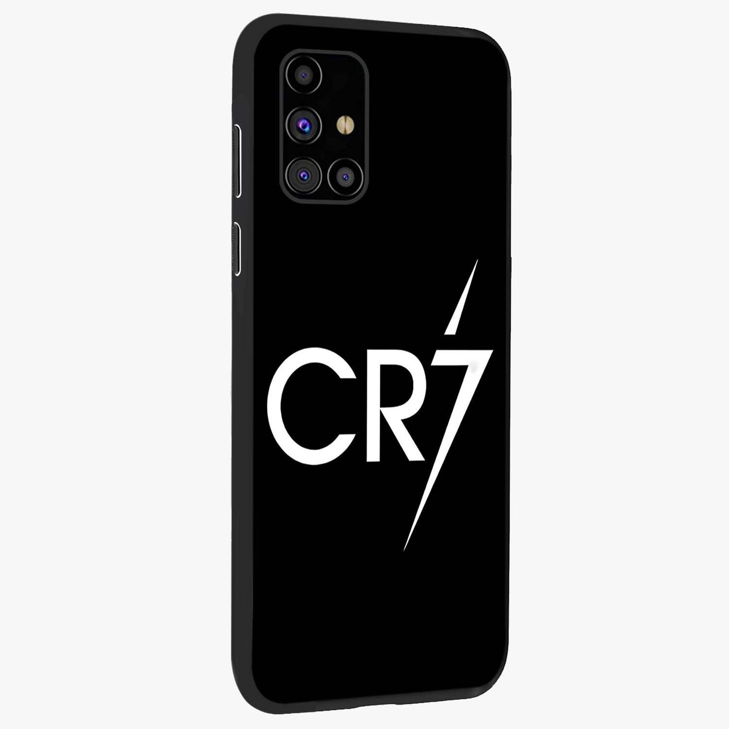Cr7 Elite Strike Glass Case upright view showcasing energetic football inspired design with modern sports aesthetic.