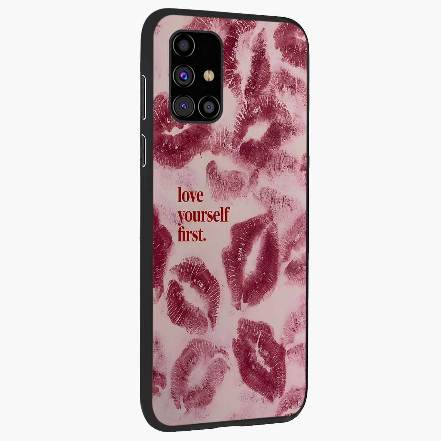Crimson Kiss Love Glass Case upright view showcasing expressive romantic artwork with deep crimson theme.