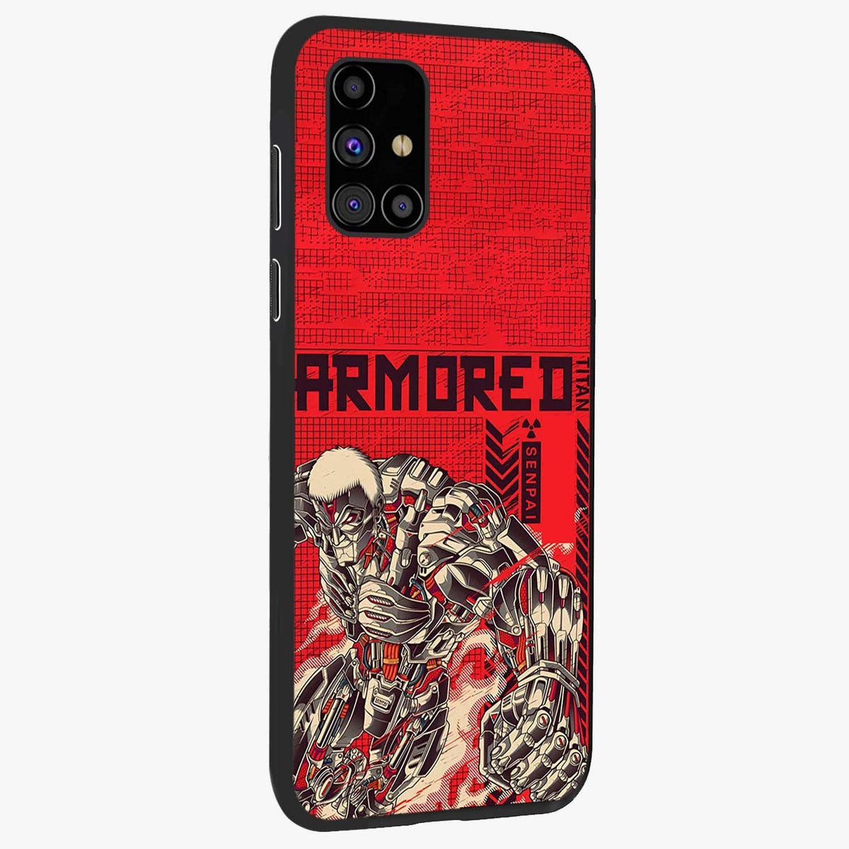 Crimson Mecha Titan Glass Case upright view showcasing dynamic robotic titan design with sci-fi inspired theme.
