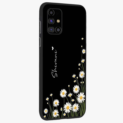 Daisy Cascade Custom Name Glass Case upright view showcasing elegant floral cascade design with personalized aesthetic.
