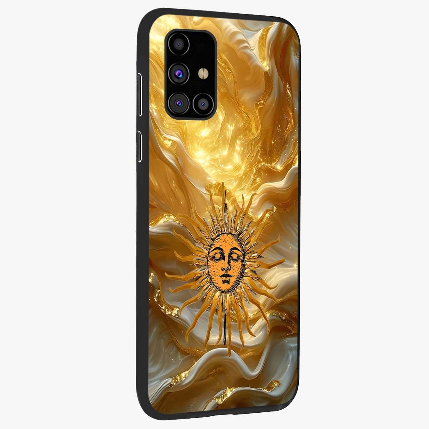Eternal Golden Glow Glass Case upright view showcasing luminous golden artwork with luxurious visual theme.