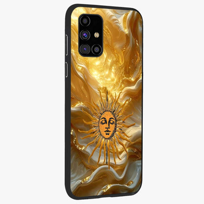 Eternal Golden Glow Glass Case upright view showcasing luminous golden artwork with luxurious visual theme.