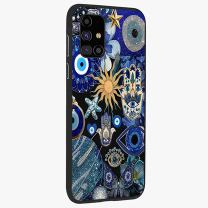 Evil Eye Charm Mix Glass Case upright view showcasing mystical evil eye pattern with vibrant decorative style.