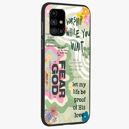 Faith Over Fear Glass Case upright view showcasing bold typography artwork with uplifting motivational theme.
