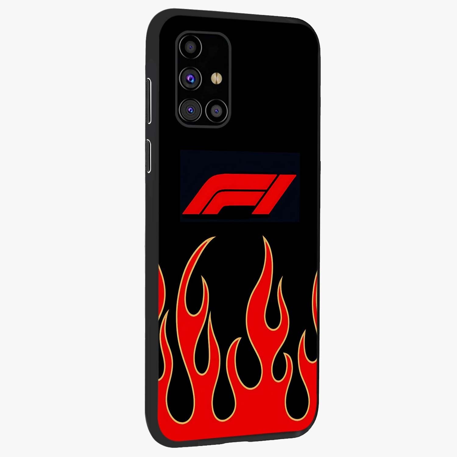 Fire F11 Glass Case upright view showcasing dynamic flame artwork with intense visual theme.