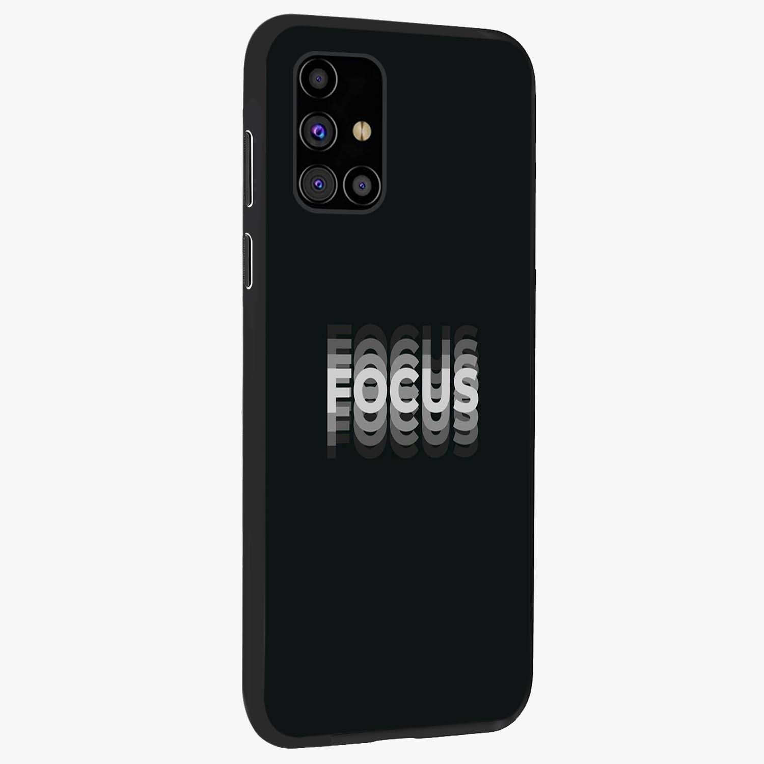 Focus Mode On Glass Case upright view showcasing strong typography statement with sleek motivational theme.