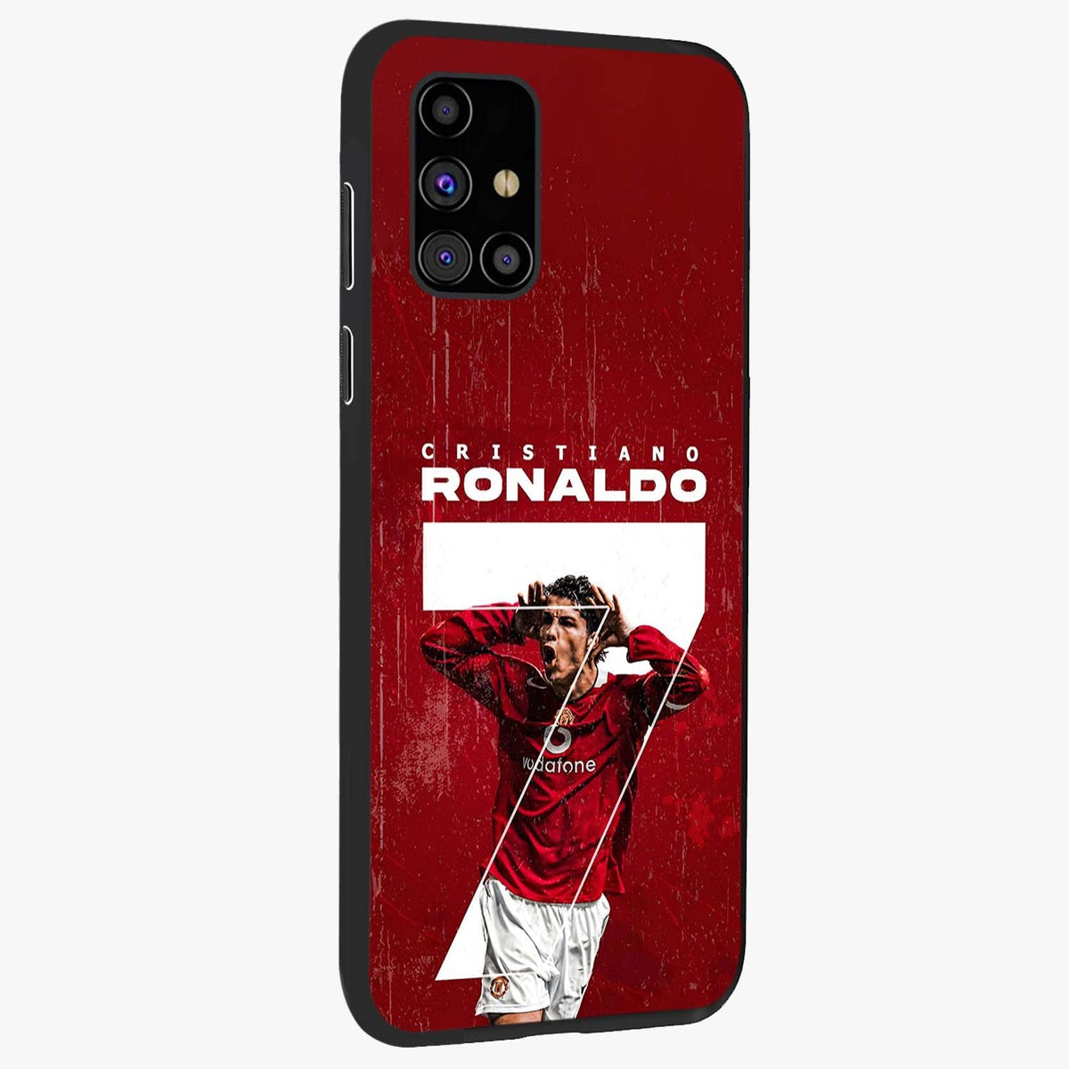 Goal Celebration Legacy Glass Case upright view showcasing dynamic football inspired artwork with victory celebration aesthetic.