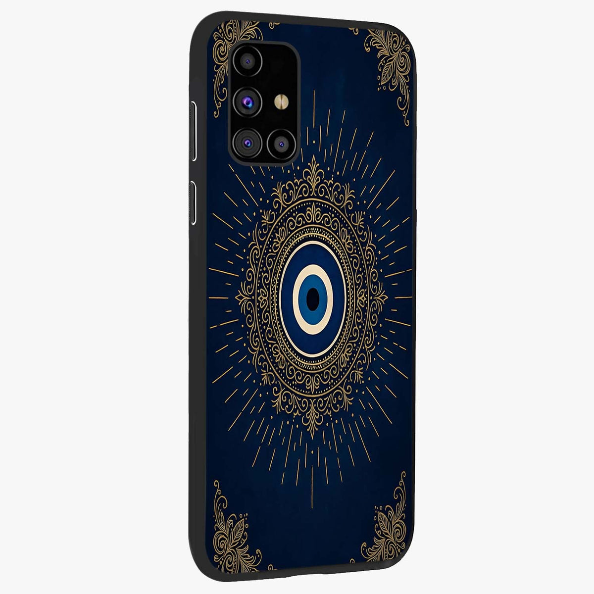 Golden Celestial Charm Glass Case upright view showcasing radiant celestial artwork with elegant golden theme.