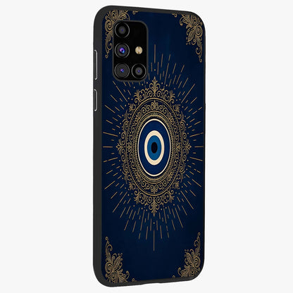 Golden Celestial Charm Glass Case upright view showcasing radiant celestial artwork with elegant golden theme.