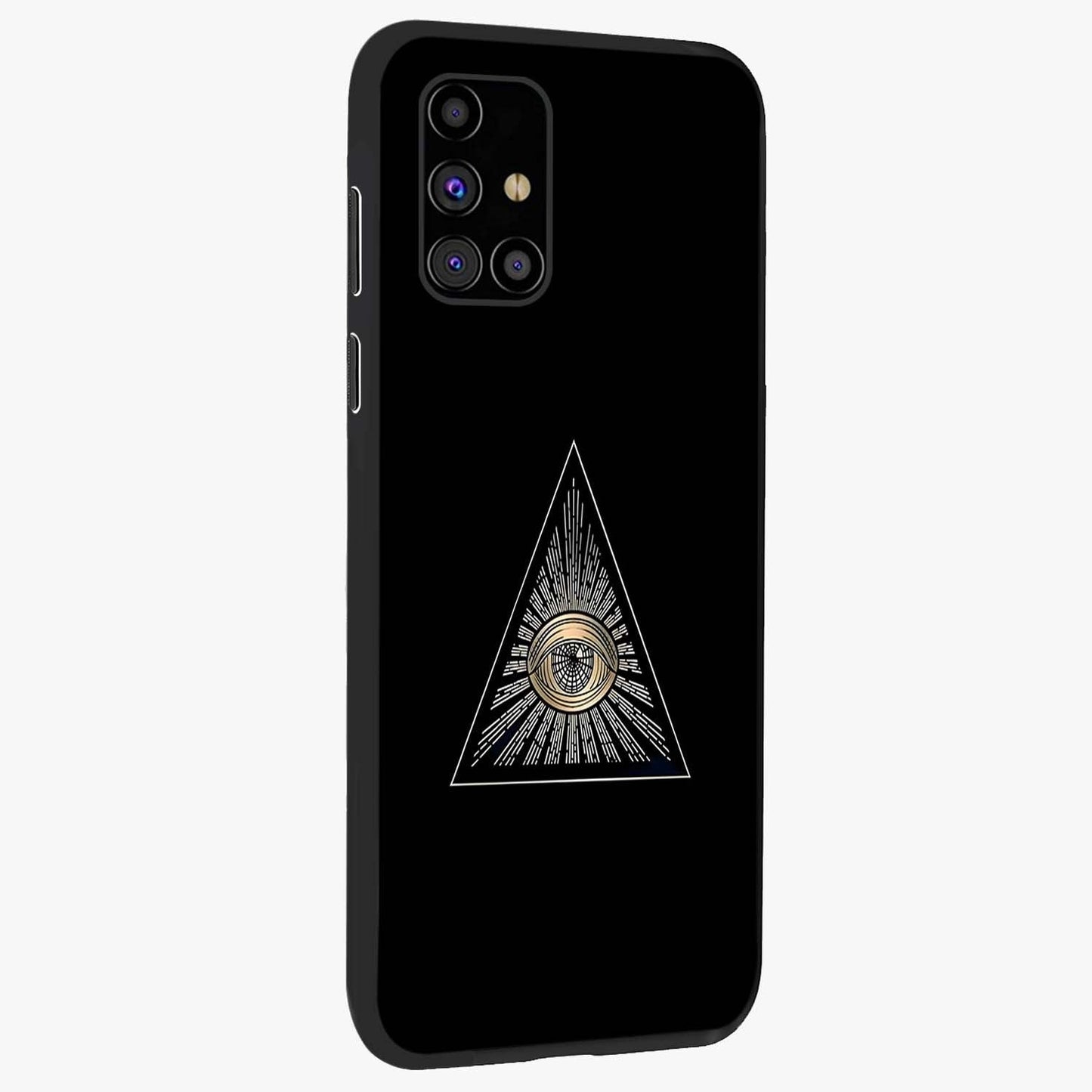 Illuminati Evil Glass Case upright view showcasing striking illuminati artwork with mysterious symbolic theme.