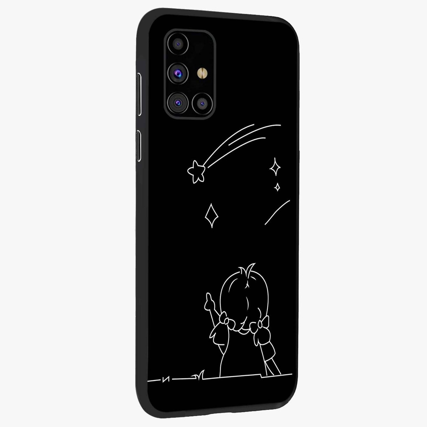Line Art Girl With Shooting Stars Glass Case upright view showcasing delicate shooting stars artwork with minimal artistic theme.