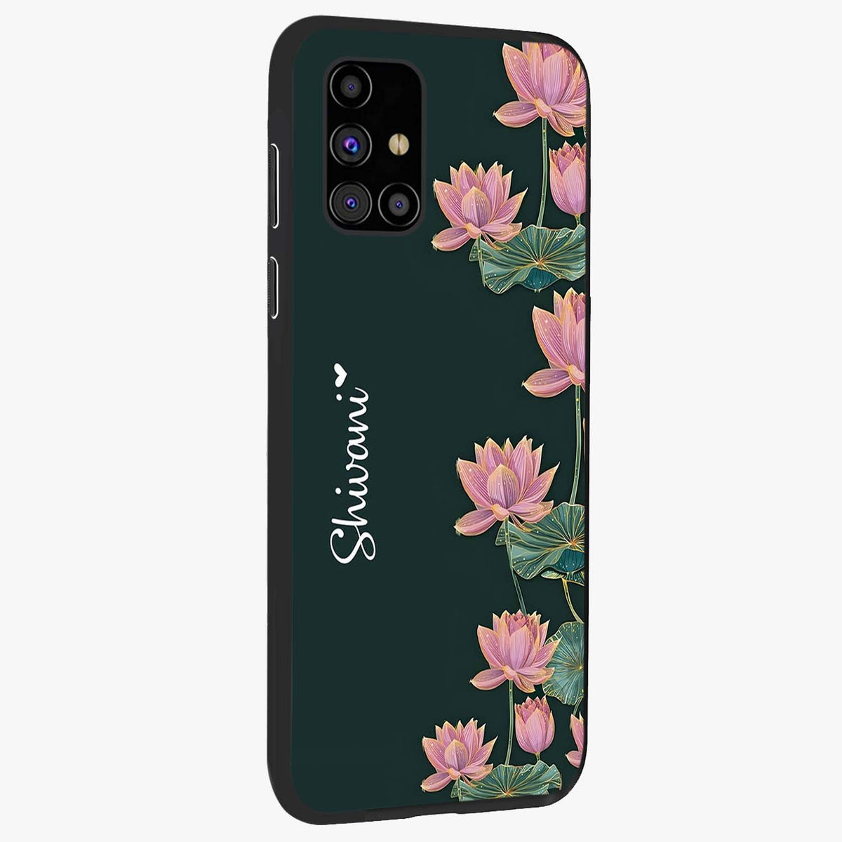 Lotus Bloom Serenity Custom Name Glass Case upright view showcasing serene lotus bloom artwork with personalized floral aesthetic.
