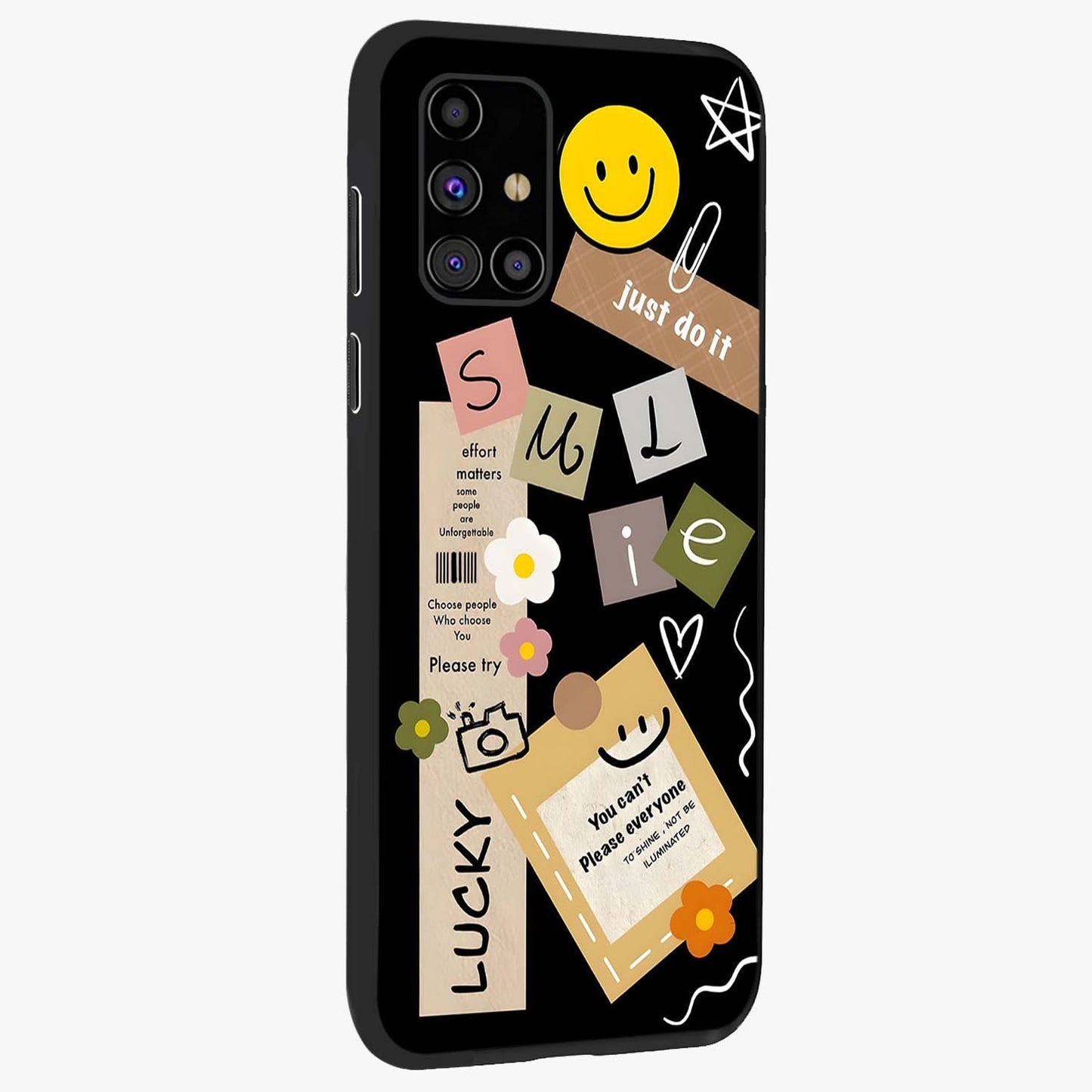 Lucky Aesthetic Collage Glass Case upright view showcasing vibrant collage artwork with youthful aesthetic theme.