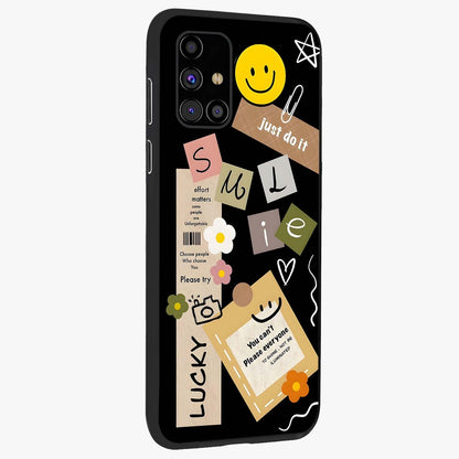 Lucky Aesthetic Collage Glass Case upright view showcasing vibrant collage artwork with youthful aesthetic theme.