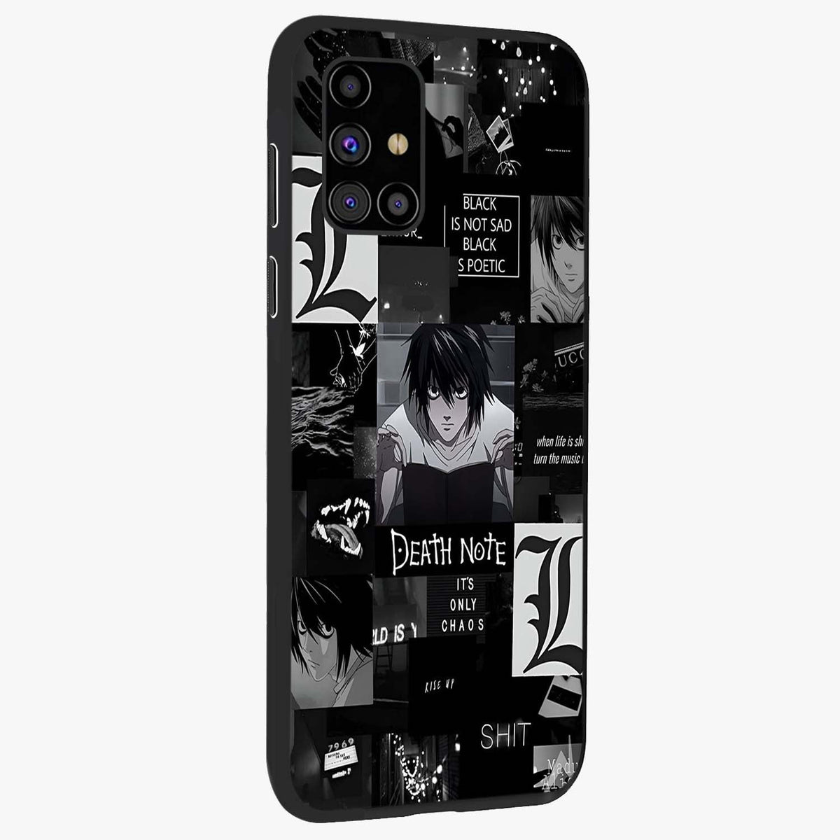 Midnight Chaos Mind Glass Case upright view showcasing expressive abstract artwork with bold dark theme.