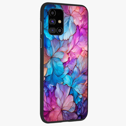 Radiant Floral Whirl Glass Case upright view showcasing lively floral artwork with decorative swirl theme.