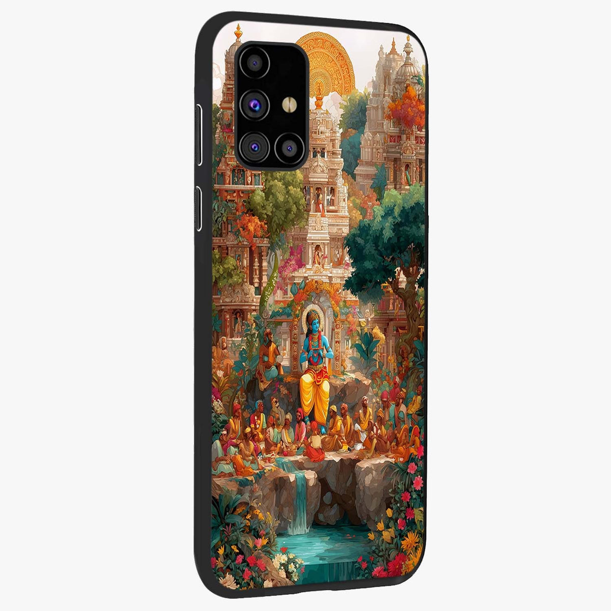 Sacred Sunlight Gods Glass Case upright view showcasing glowing divine artwork with sacred mythological theme.