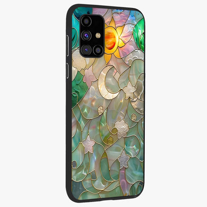 Stained Sunrise Glow Glass Case upright view showcasing colorful sunrise artwork with warm morning theme.