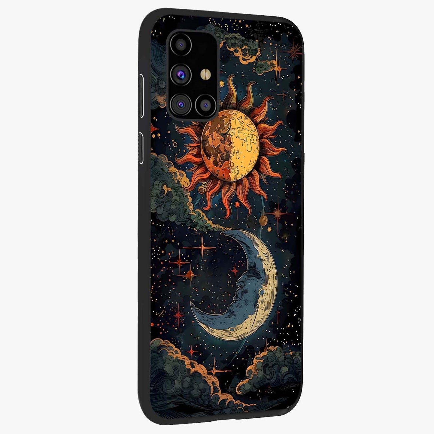Sun And Moon Magic Design Glass Case upright view showcasing decorative sun and moon artwork with spiritual celestial theme.