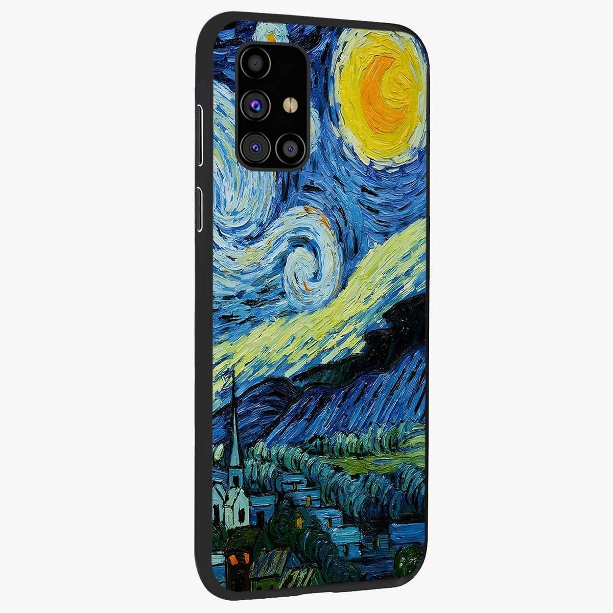 Van Gogh Art Glass Case upright view showcasing expressive painting style artwork with timeless artistic theme.