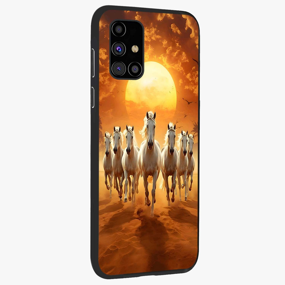 Wild Sunset Majesty Glass Case upright view showcasing dramatic sunset artwork with bold nature theme.