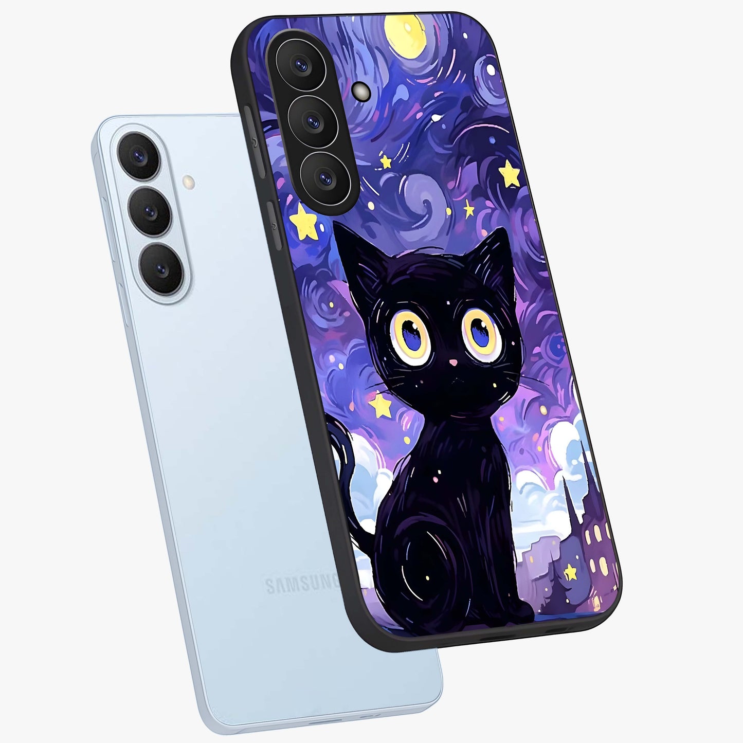 Abstract Cat Art Glass Case displayed in angled mockup highlighting modern abstract cat artwork and sleek glass surface.