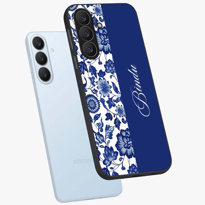 Blue Vintage Floral Pattern Glass Case displayed in angled mockup highlighting subtle bloom pattern with aesthetic pastel design.