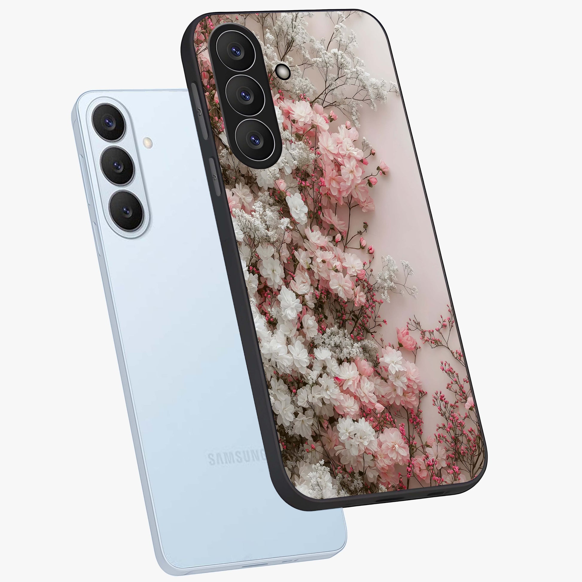 Blush Blossom Cloud Glass Case displayed in angled mockup highlighting soft cloud and blossom design with pastel aesthetic.